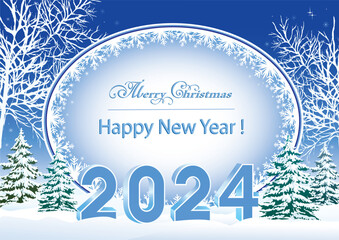 Merry Christmas and Happy New Year 2024 poster on a background of winter snowy nature. Vector illustration 3d