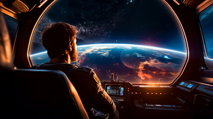 Man is sitting in space station looking at the earth and stars.