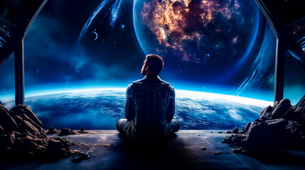 Man sitting on the ground in front of view of the earth.