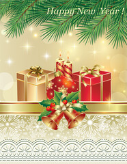 Happy New Year 2024. Christmas card with gift boxes, candles and Christmas ball under fir branches. Festive background with stars, snowflakes, decorated ribbon with bells. Vector illustration