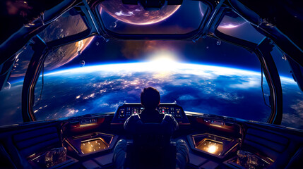 Man sitting in the cockpit of space station looking out at the earth.