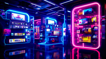 Futuristic looking room with neon lights and lot of computers on the shelves.