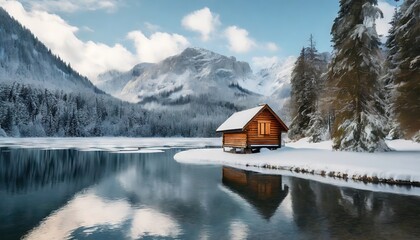 Fototapeta premium Wood cabin on the lake - log cabin surrounded by trees, mountains, and water in natural landscapes