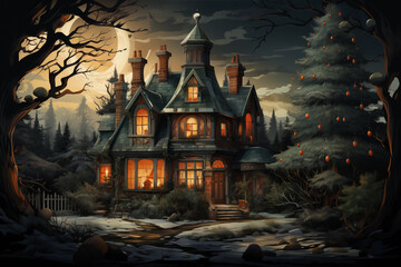 Fototapeta na wymiar Vintage Christmas illustration, cozy home, old house, big Christmas tree, moody evening, winter scenery