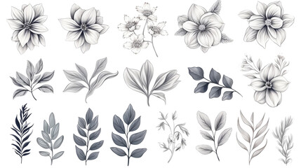 Set of tiny wildflowers and plants line art vector botanical illustrations. Trend hand-drawn black ink sketches collection, png
