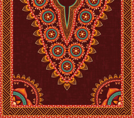 Vibrant symmetrical neckline pattern design with floral mandala motifs on a dark brown background. The colorful pattern design for African dashiki shirts, kurtas, kaftan dresses, and V-neck clothing.