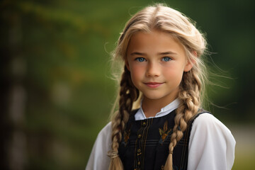 a young girl with long braids and a white shirt - obrazy, fototapety, plakaty