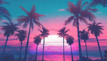 Fototapeta na wymiar Outrun Synthwave style - 1990s retro aesthetic with palm trees and tropical sunset in pink and blue