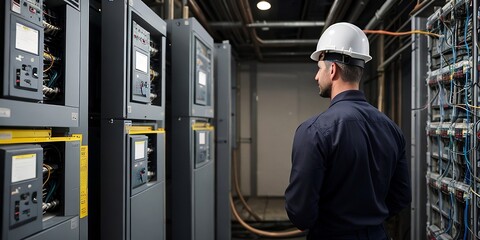 Back view of a professional electrician standing at the electrical panels. Professional electrician background with copy space.