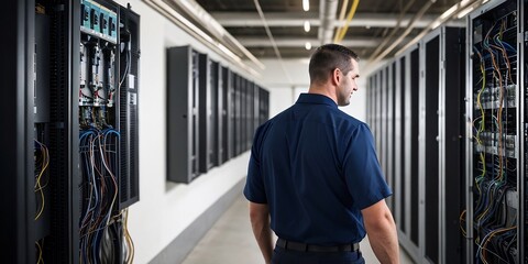 Back view of a professional electrician standing at the electrical panels. Professional electrician background with copy space.
