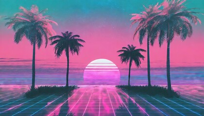 Naklejka premium Outrun Synthwave style - 1990s retro aesthetic with palm trees and tropical sunset in pink and blue
