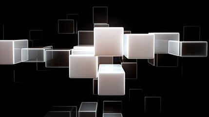 Black and white photo of group of cubes with black background.