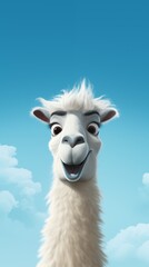 Funny blue wallpaper for telephone, screen, 9:16 happy lama's head, background for instagram stories
