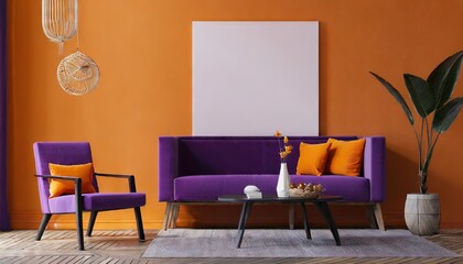 Modern orange and purple interior design wall mockup with copy space	
