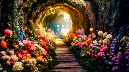 Garden with flowers and pathway leading to the light at the end of the tunnel.