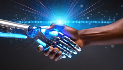 human hand and robot hand to signify cooperation of man and machine in artificial intelligence/machine learning