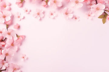 Fototapeta na wymiar Elegant Floral Banner: Wedding, Mothers, and Women's Day Greeting Card on a Soft Pink Background. A Springtime Composition with Ample Copy Space in a Flat Lay Style