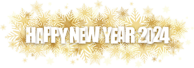 HAPPY NEW YEAR 2024 white typography on gold snowflakes on transparent background - 675173744
