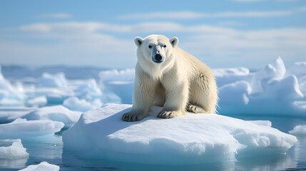 A polar bear on a shrinking ice floe, with the vast open ocean as the background context, during the Arctic's summer ice melt