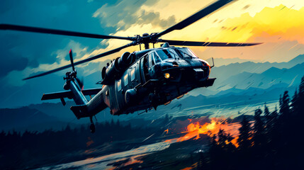Painting of helicopter flying over fire filled mountain range at sunset. - obrazy, fototapety, plakaty