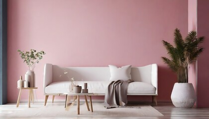 Modern pink and white interior design wall mockup with copy space	
