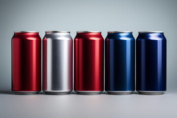 aluminum cans on blue background luminium cold cans staying in a group in fashionable color style. On the dark blue blurred background