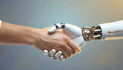 human hand and robot hand to signify cooperation of man and machine in artificial intelligence/machine learning