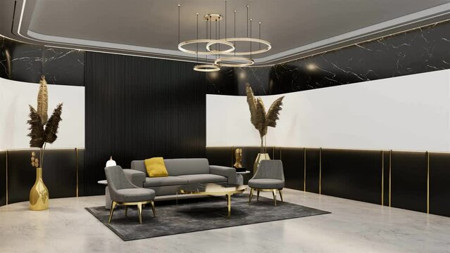 Animation Office waiting room with empty bakdrop for branding mockups. 3D illustration rendering