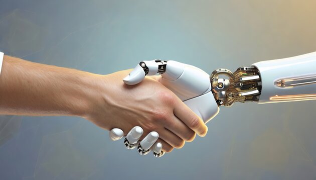 human hand and robot hand to signify cooperation of man and machine in artificial intelligence/machine learning