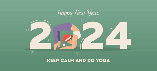 Happy new year card 2024. Healthy girl doing chakrasana yoga pose. Woman practicing yoga as a part of the Number 2024 sign. Vector banner or illustration