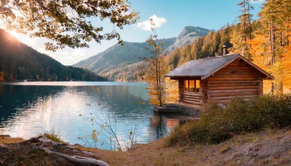 Fototapeta premium Wooden log cabin by the lake with forest and mountains in the background