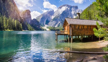 Fototapeta premium Wooden log cabin by the lake with forest and mountains in the background