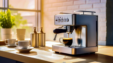 Fototapeta na wymiar Espresso machine with cup of coffee in front of it.