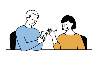 携帯電話を見ながら会話をする男女のイラスト素材