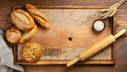 Fototapeta na wymiar Old wooden kneading board framed with bread, rolling pin, ears of wheat and flour.