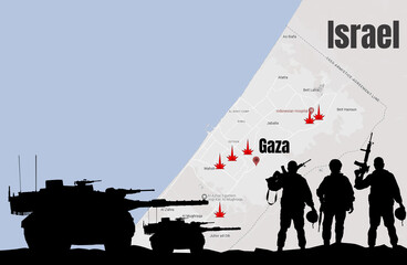 Silhouettes of the army tanks and soldiers on Gaza map background . Israeli ground operation. 3d illustration