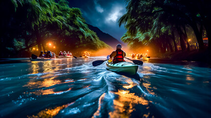 Man in kayak on river at night with lights on. - obrazy, fototapety, plakaty
