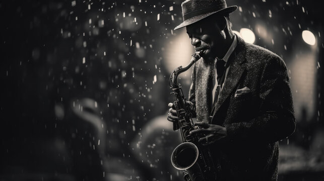 A jazz musician plays his saxophone outside in the rain