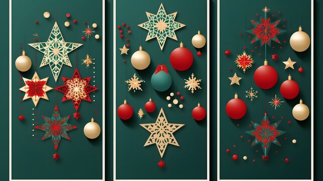 Merry Christmas and Happy New Year greeting card, poster, holiday cover. Modern Xmas border design with geometric pattern in red, gold, white colors on green. Christmas tree, balls, stars, snowflakes