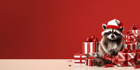 Cute raccoon among New Year's gifts on a red background, banner. copy space - obrazy, fototapety, plakaty