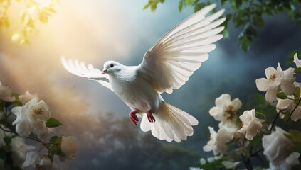 Fototapeta premium Global peace concept, a white dove holding an olive branch, A flying dove of peace