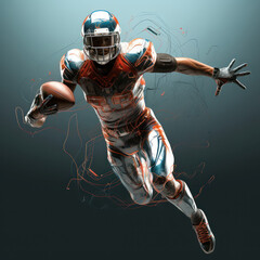 American football player in futuristic clothes suing game in motion with ball, jumping over dark background. Game, competition. - obrazy, fototapety, plakaty