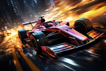 Sport car. Fast racing car in motion, moving along street with blurred lights in the dark. Concept of motorsport, racing, competition