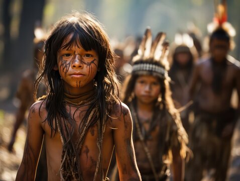 Authentic Indian tribe representatives, children with hair accessories, face drawings standing in jungles, forest