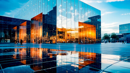 Large glass building with reflection of the sky in it's windows.