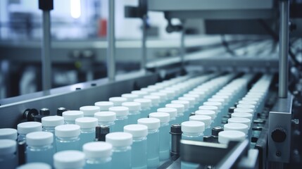 Obraz premium pharmaceutical industry. Production line machine conveyor with glass bottles ampoules at factory