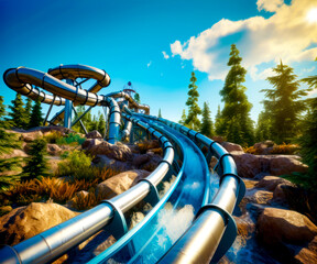 Water slide that is in the middle of mountain with trees in the background.
