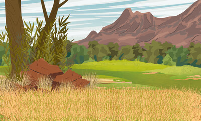 Realistic vector landscape with a meadow with tall dry grass, red stones and trees. Valley at the foot of a mountain range. Landscape of Australia.