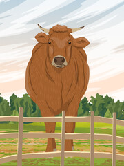 Cow in the pasture. Summer meadow with green grass. Farm and farm animals. Realistic vector vertical landscape