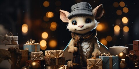Cute little fluffy dragon in a cap and scarf among the gifts, - obrazy, fototapety, plakaty